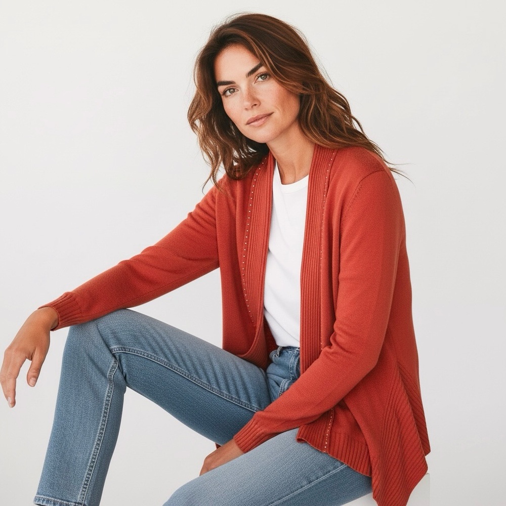 Allison Daley Knit Cardigan Sweater Open Front Asymmetrical Hem Long Sleeve